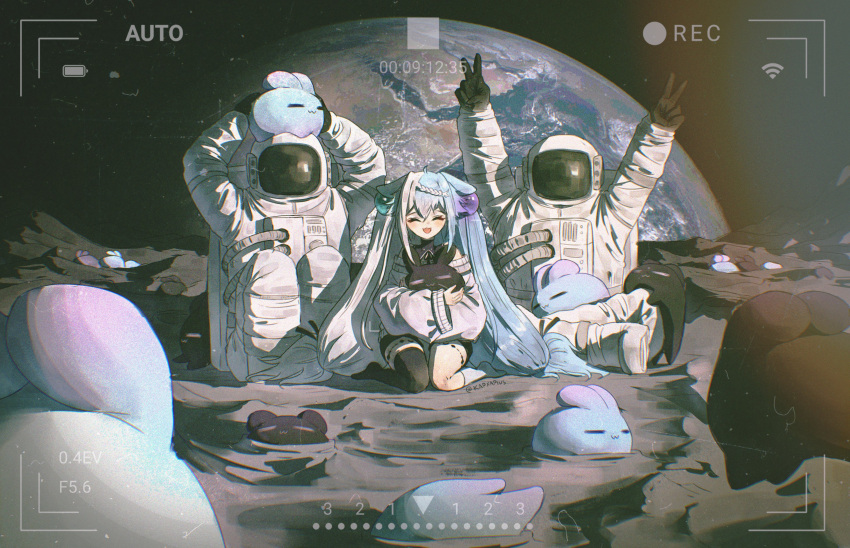 1girl, 2others, absurdres, animal_ears, aquwa, artist_name, astronaut, black_shorts