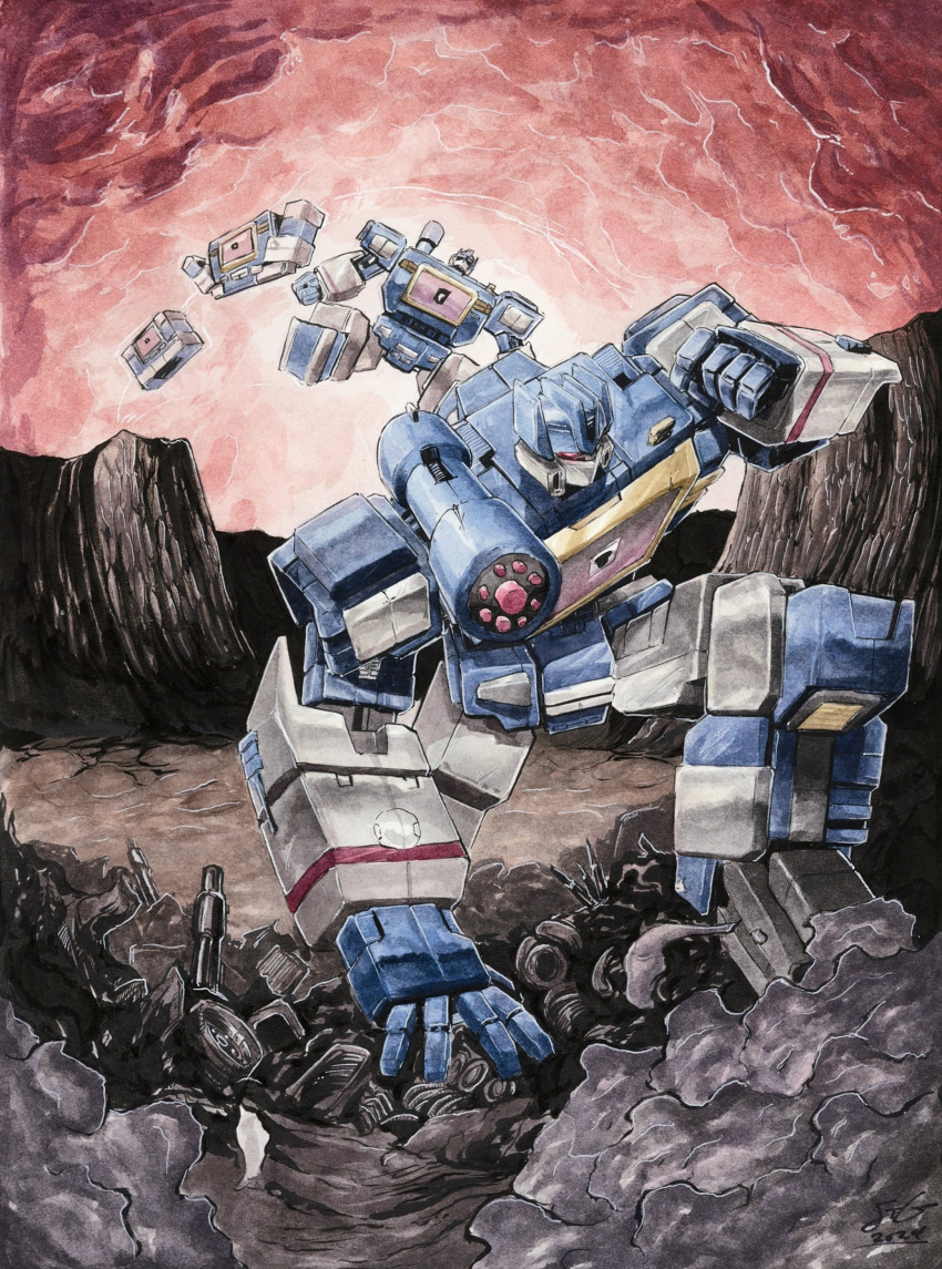absurdres, assault_visor, decepticon, helmet, henshin, highres, humanoid_robot, insignia, mask, mecha, mouth_mask, red_visor, robot, science_fiction, shay_gall, shoulder_cannon, soundwave_(transformers), tape_recorder, transformation, transformers, transformers:_generation_1