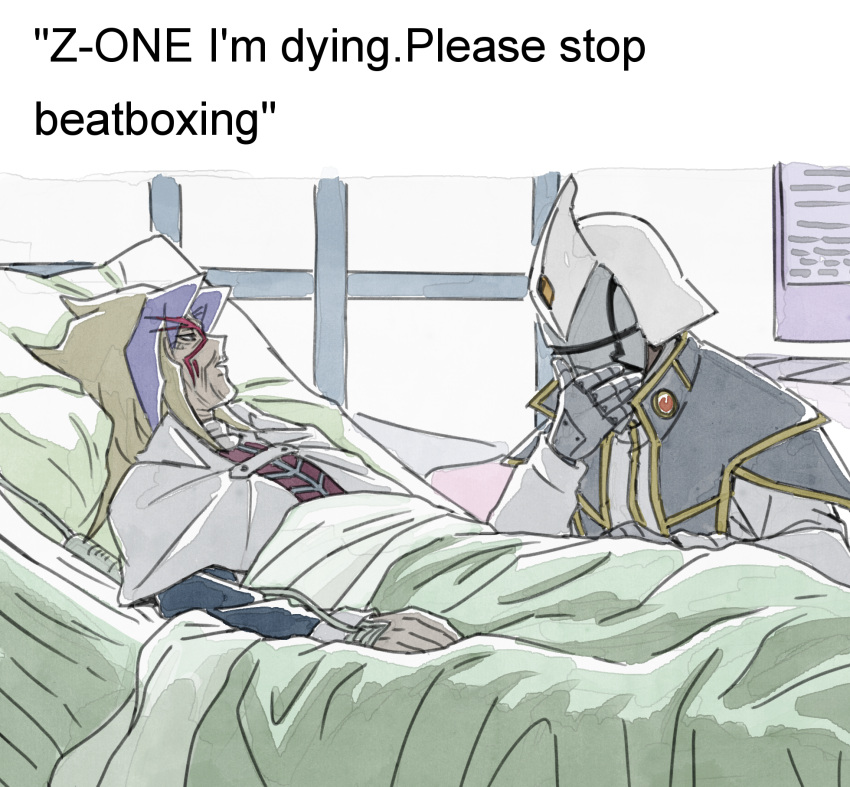 2boys, bed, blonde_hair, duel_monster, english_text, helmet, highres, hospital_bed