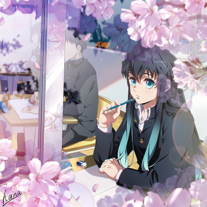 1girl, 2boys, aqua_eyes, aqua_hair, black_hair, black_shirt, book, cherry_blossoms