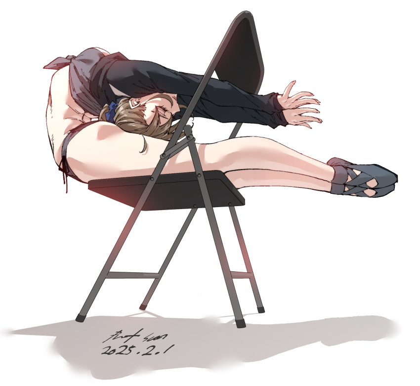 1girl, attitude_(pose), ballerina, ballet, ballet_slippers, briefs, chair, closed_eyes, exercising, flexible, high_ponytail, highres, male_underwear, nabipenciller, on_chair, original, ponytail, short_ponytail, underwear