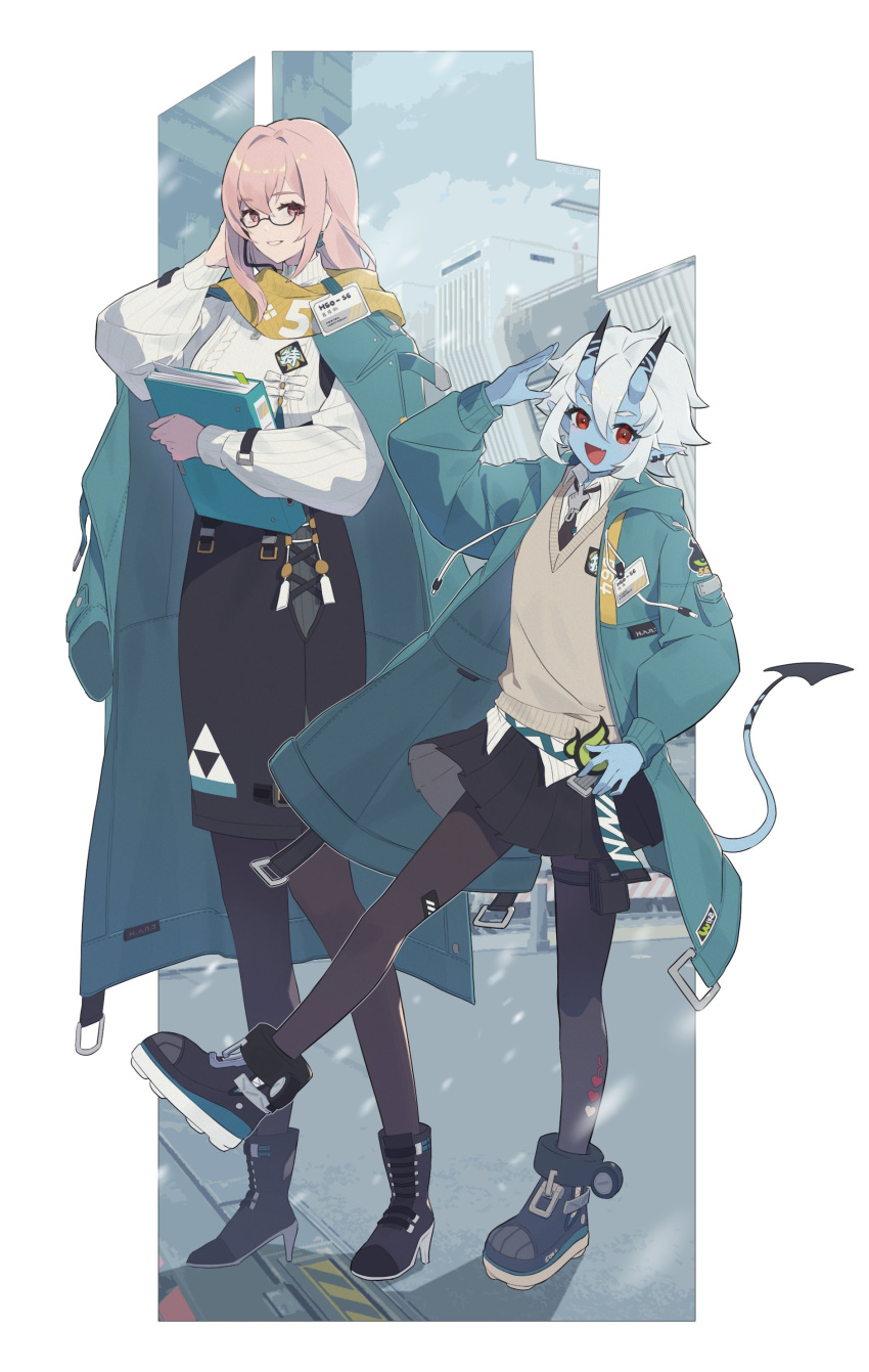 2girls, absurdres, adapted_costume, alternate_costume, ankle_boots, aqua_jacket, black_boots, black_necktie
