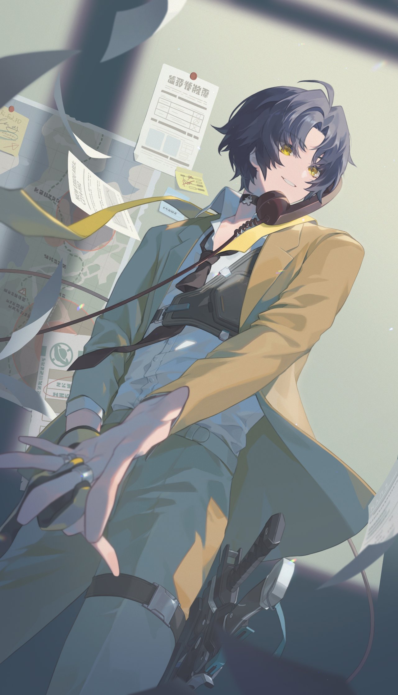 1boy, asaba_harumasa, belt, black_choker, black_hair, black_necktie, choker, collared_shirt