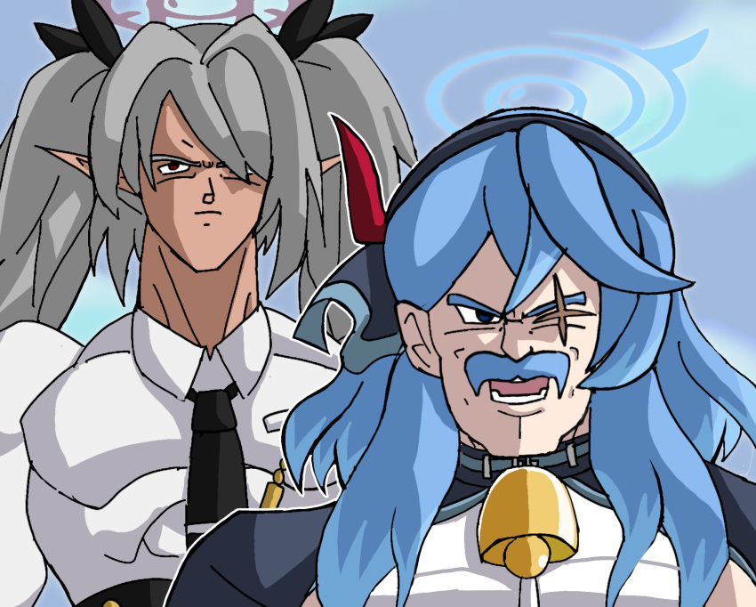 ako_(blue_archive), black_necktie, blue_archive, blue_hair, blue_halo, broly_(dragon_ball_z), choker, denoukuraimakku