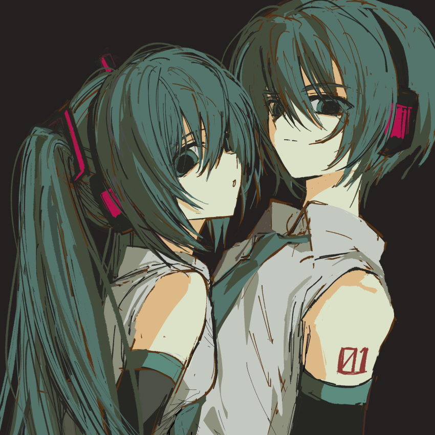 1boy, 1girl, absurdres, arm_tattoo, bare_shoulders, black_background, black_sleeves, blue_eyes