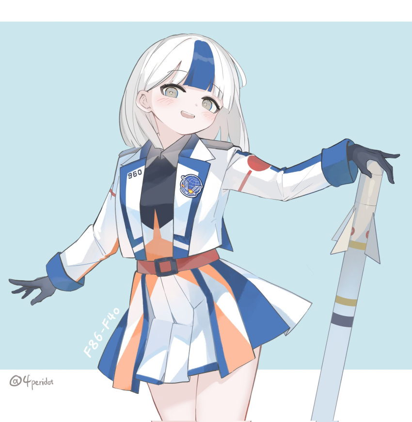 1girl, :d, black_gloves, black_shirt, blue_background, blue_hair, border, character_request, commentary, gloves, grey_eyes, highres, jacket, looking_at_viewer, missile, multicolored_hair, open_clothes, open_jacket, peridot-4, pleated_skirt, shirt, skirt, smile, solo, standing, twitter_username, two-tone_hair, war_thunder, white_border, white_hair, white_jacket, white_skirt