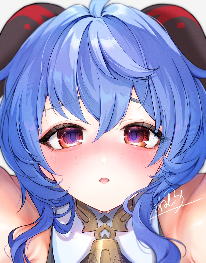 1girl, absurdres, ahoge, bare_shoulders, bell, blue_hair, blush, close-up
