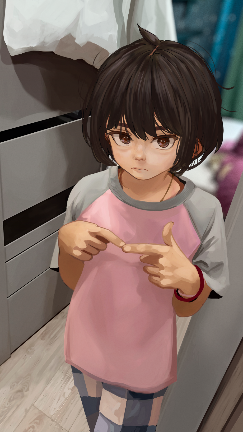 1girl, blurry, blurry_background, bob_cut, bracelet, brown_eyes, brown_hair, casual, chest_of_drawers, closed_mouth, commentary, depth_of_field, expressionless, from_above, grey_pants, grey_shirt, hands_up, highres, index_fingers_together, ira_(servachok), jewelry, looking_at_viewer, looking_up, loose_hair_strand, messy_hair, nose, original, own_hands_together, pajama_pants, pajamas, pants, pink_pants, pink_shirt, plaid_clothes, plaid_pants, raglan_sleeves, servachok, shirt, short_hair, short_sleeves, solo, standing, t-shirt, thick_eyebrows, two-tone_shirt, unhappy, upturned_eyes, wooden_floor