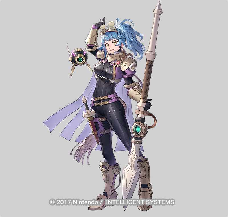 1girl, adjusting_goggles, blue_hair, bodysuit, braid, copyright_notice, crown_braid, drone