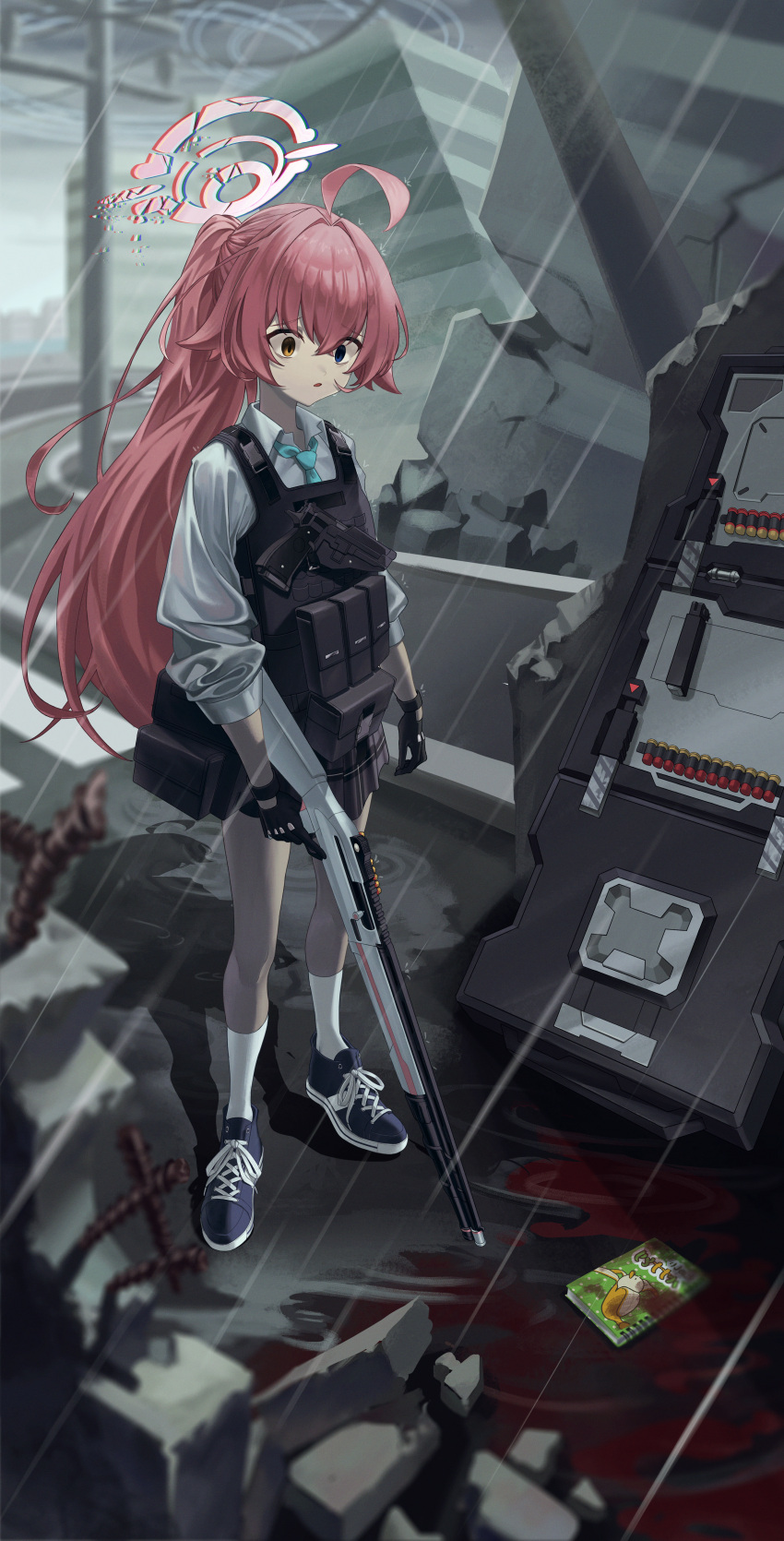 1girl, absurdres, ahoge, black_gloves, black_skirt, blood, blue_archive, blue_eyes