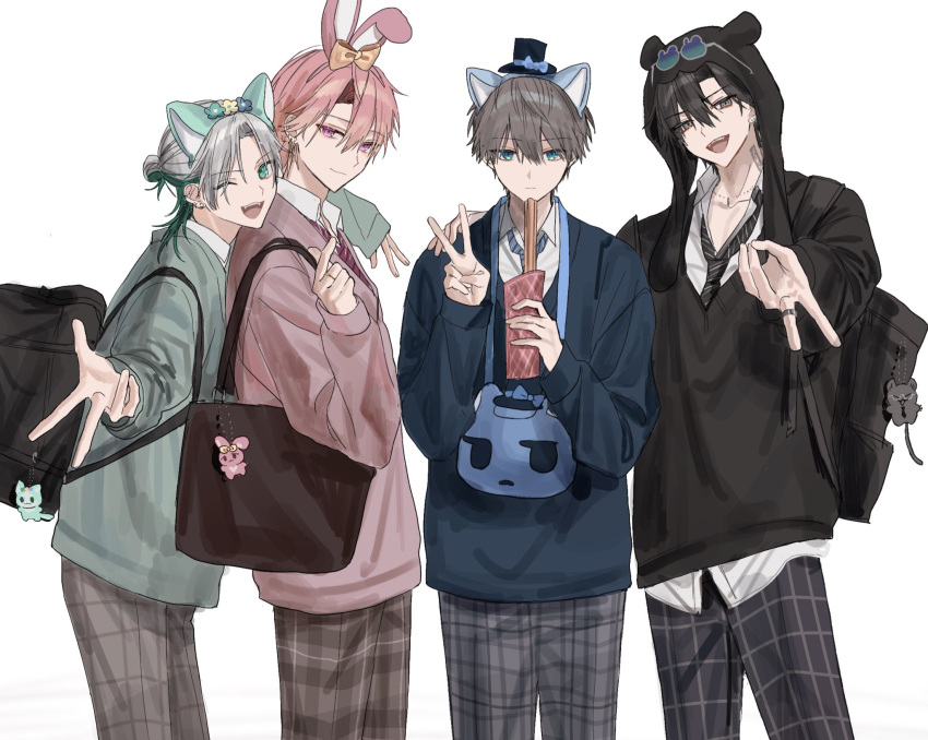 4boys, animal_charm, animal_ear_hood, animal_ears, aqua_eyes, bag, black_bag, black_hair, black_necktie, black_sweater, blue_hat, blue_necktie, blue_ribbon, blue_sweater, brelock, brown_pants, chain, chain_necklace, close-up, closed_mouth, collarbone, colored_inner_hair, commentary_request, cowboy_shot, diagonal-striped_clothes, diagonal-striped_necktie, ear_piercing, earrings, eyewear_on_head, fake_animal_ears, fangs, finger_heart, flower, flower_ornament, food, green_eyes, green_sweater, grey_eyes, grey_hair, grey_pants, gyaru_v, hair_between_eyes, hair_bun, hair_flower, hair_ornament, hair_ribbon, hand_up, handbag, hat, highres, hiyori_(huzurina_suruba), holding, holding_food, hood, huzurina_suruba, jewelry, long_sleeves, looking_at_viewer, male_focus, mini_hat, multicolored_hair, multiple_boys, neck_tattoo, necklace, necktie, one_eye_closed, open_mouth, original, pants, piercing, pink_eyes, pink_hair, pink_sweater, plaid_clothes, plaid_pants, purple_necktie, ribbon, ring, shirt, short_hair, shoulder_bag, simple_background, smile, standing, striped_clothes, sweater, tattoo, teeth, upper_teeth_only, v, white_background, white_shirt, yellow_ribbon