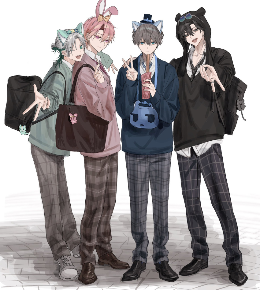 4boys, animal_charm, animal_ear_hood, animal_ears, aqua_eyes, bag, black_bag, black_hair