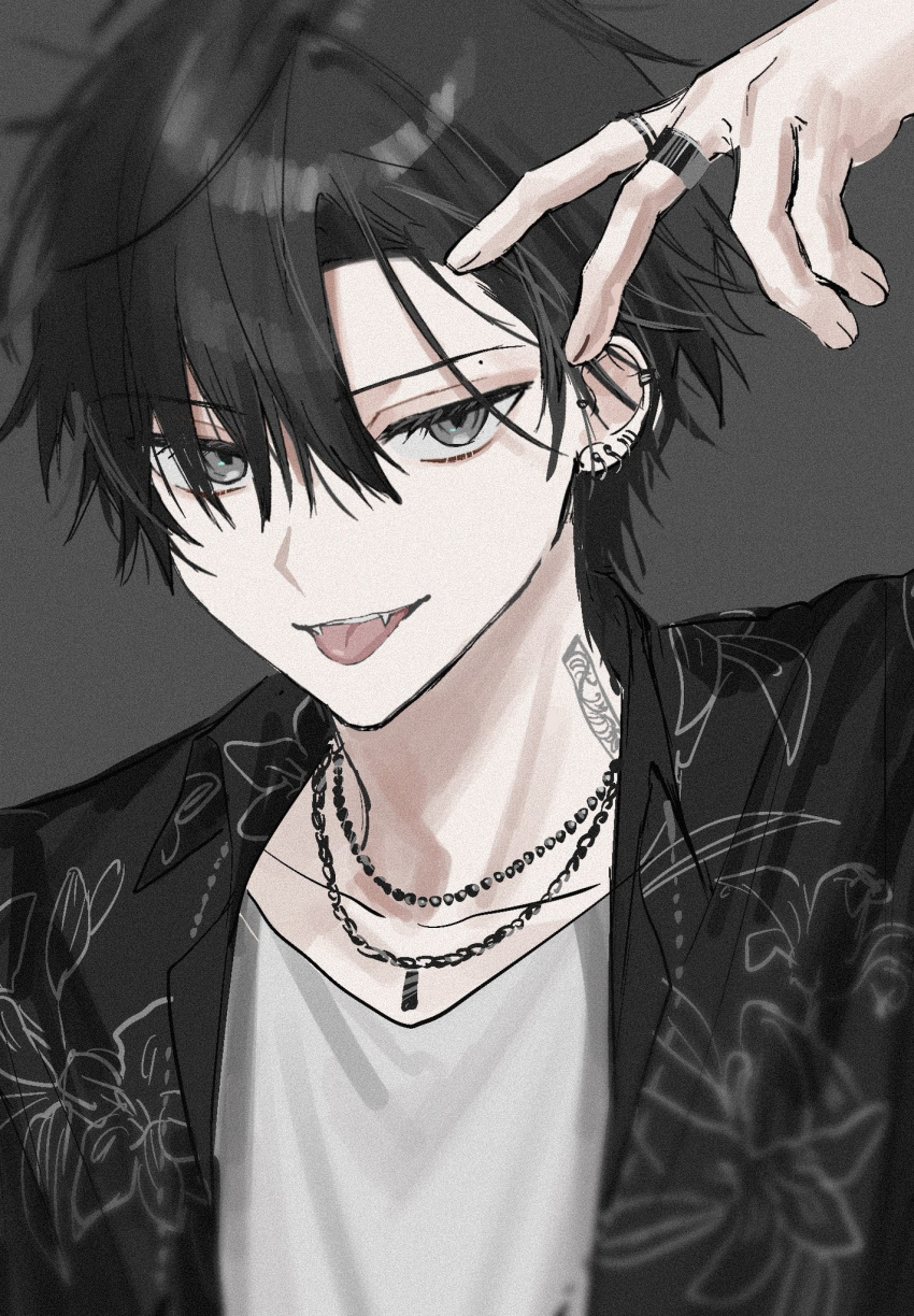 1boy, black_hair, black_shirt, blurry, chain, chain_necklace, collarbone, commentary_request