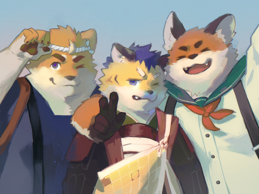 3boys, absurdres, animal_ears, armor, cat_nose, dog_boy, dog_ears, dog_nose