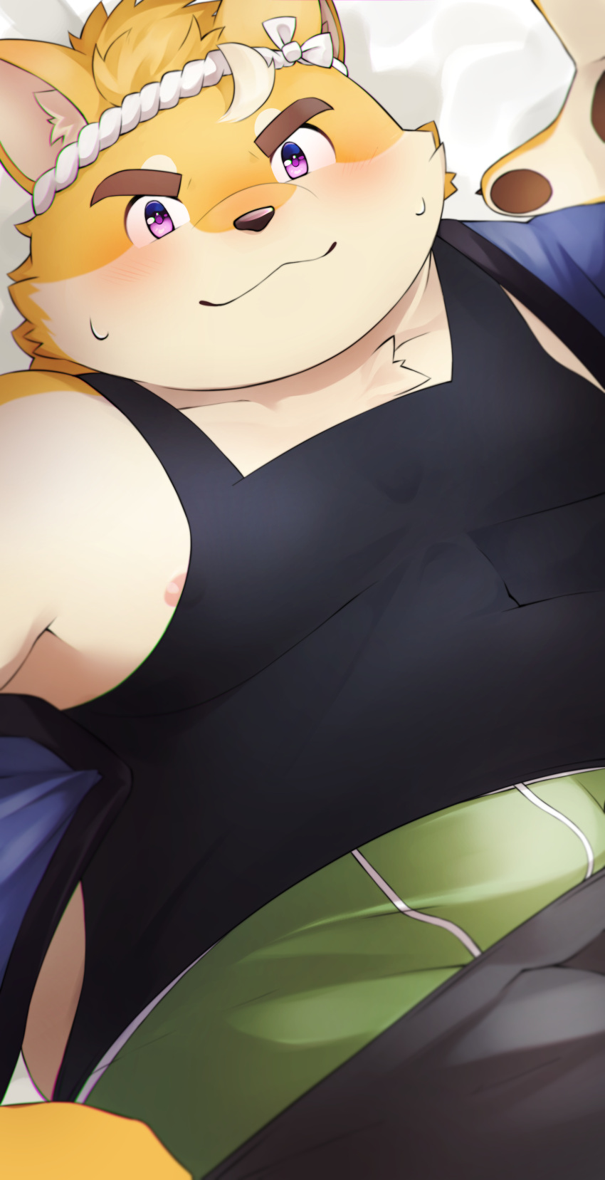 1boy, absurdres, animal_ears, belly, blush, dog_boy, dog_ears, dog_nose