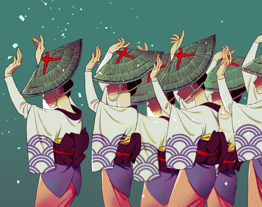6+girls, aqua_background, arms_up, awa_odori_tokushima, black_hair, confetti, covered_eyes, dancing