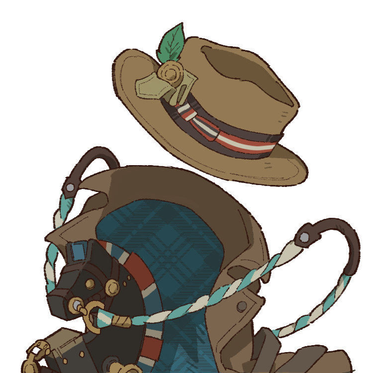 brimley_(reverse:1999), brown_coat, brown_hat, coat, fedora, hat, hobby_horse, no_humans