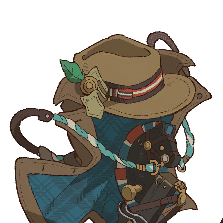 brimley_(reverse:1999), brown_coat, brown_hat, coat, fedora, hat, hobby_horse, no_humans