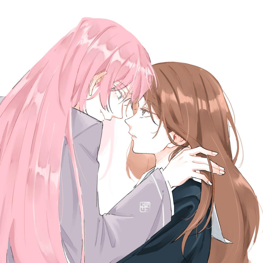2girls, bang_dream!, bang_dream!_it's_mygo!!!!!, blue_eyes, blue_shirt, brown_hair, chewinggum_p, chihaya_anon
