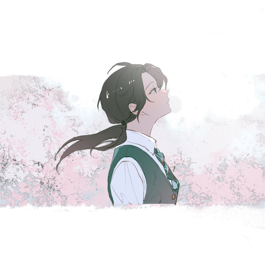 1girl, black_eyes, black_hair, collared_shirt, commentary_request, floating_hair, friendly_rivalry, from_side