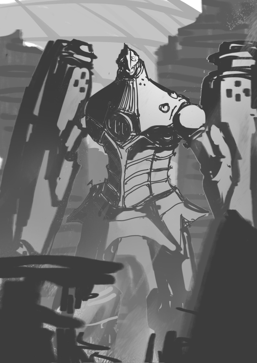 big_o_(mecha), building, city, english_commentary, facing_viewer, greyscale, highres, jianchuan
