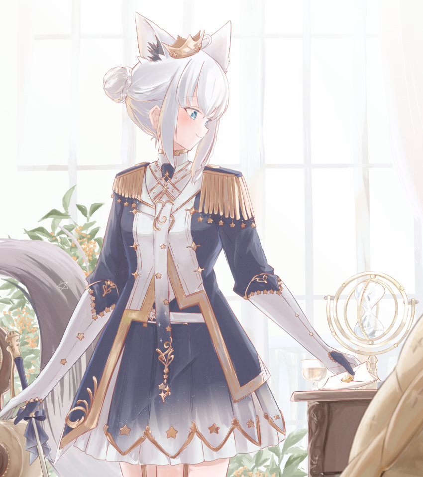 1girl, absurdres, ahoge, animal_ear_fluff, animal_ears, blue_jacket, blue_skirt, braid