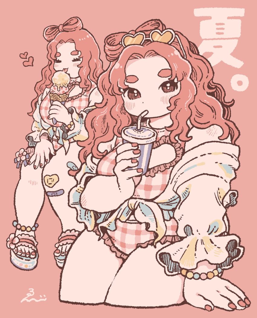 1girl, arm_at_side, bandaid, bandaid_on_leg, bare_shoulders, blush, blush_stickers, borrowed_character, bow-shaped_hair, bracelet, breasts, cleavage_cutout, closed_eyes, clothing_cutout, commission, cropped_legs, cup, curly_hair, curvy, dot_nose, drinking, drinking_straw, eating, ebiebi, food, forehead, frilled_one-piece_swimsuit, frills, gingham, gingham_one-piece_swimsuit, hand_on_ground, hand_on_own_thigh, hand_up, heart, heart-shaped_eyewear, highres, holding, holding_cup, holding_food, holding_ice_cream, ice_cream, jewelry, knees_together_feet_apart, large_breasts, licking, long_hair, long_sleeves, multiple_views, one-piece_swimsuit, original, pink_background, pink_hair, pink_one-piece_swimsuit, red_nails, sandals, shirt, signature, skeb_commission, sunglasses, swimsuit, thick_arms, thick_eyebrows, tied_shirt, tongue, tongue_out, translated, white-framed_eyewear, white_shirt