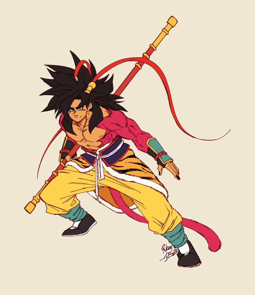 1boy, animal_print, arm_guards, bare_pectorals, belt, black_hair, black_nails, black_shoes, blue_socks, bo_staff, body_fur, brown_background, cape, cosplay, dragon_ball, dragon_ball_gt, english_commentary, facing_viewer, feather_hair_ornament, feathers, fingernails, flat_color, full_body, fur_cape, hair_ornament, highres, journey_to_the_west, long_hair, looking_at_viewer, martial_arts_belt, monkey_boy, monkey_tail, muscular, muscular_male, nail_polish, nipples, pants, pectorals, pheasant_feathers, red_feathers, red_fur, redesign, ruyi_jingu_bang, rykun_dsz, shoes, signature, socks, solo, son_goku, spiky_hair, sun_wukong, sun_wukong_(cosplay), super_saiyan, super_saiyan_4, tail, tan, tiger_print, topless_male, vambraces, waist_cape, white_belt, yellow_eyes, yellow_pants