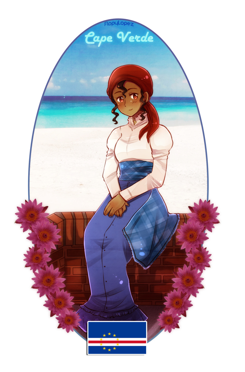 1girl, axis_powers_hetalia, cape_verde, cape_verdean_flag, dark_skin, dolceminerva, highres, ocean