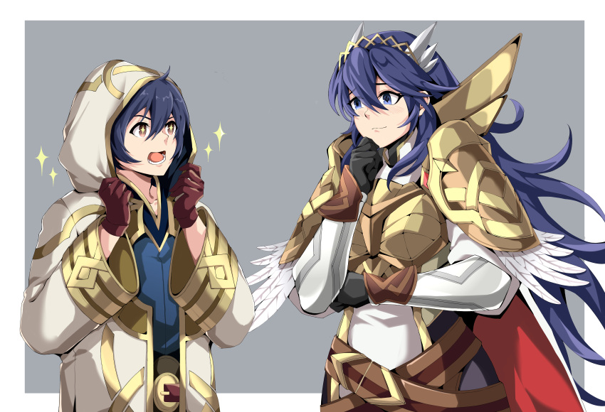 1boy, 1girl, :d, absurdres, ahoge, armor, black_gloves, blue_eyes