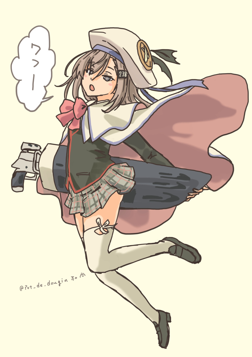 1girl, absurdres, black_shoes, bow, brown_hair, cape, commentary_request, cosplay
