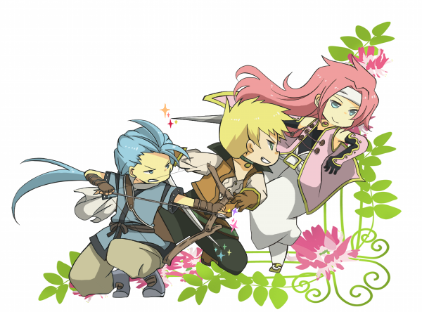 blue_eyes, blue_hair, bow_(weapon), chester_barklight, choker, gloves, green_eyes, guy_cecil
