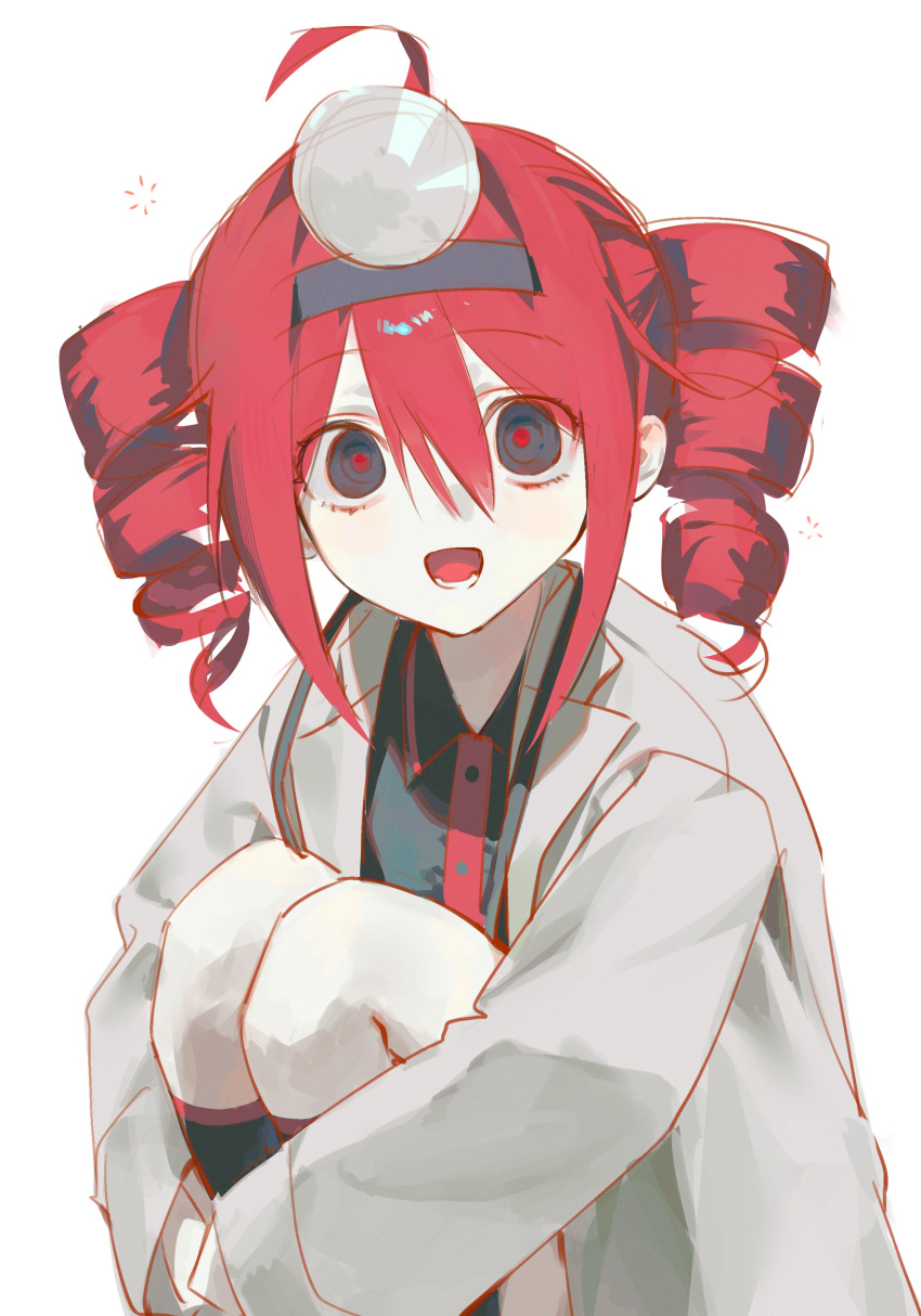 1girl, absurdres, ahoge, black_eyes, black_shirt, black_socks, bunhong_(pinkpink_shine), coat, collared_shirt, commentary, drill_hair, hair_between_eyes, head_mirror, highres, hugging_own_legs, igaku_(utau), kasane_teto, kneeling, lab_coat, long_sleeves, looking_at_viewer, open_clothes, open_coat, open_mouth, red_eyes, red_hair, red_pupils, shirt, simple_background, socks, solo, twin_drills, twintails, utau, white_background