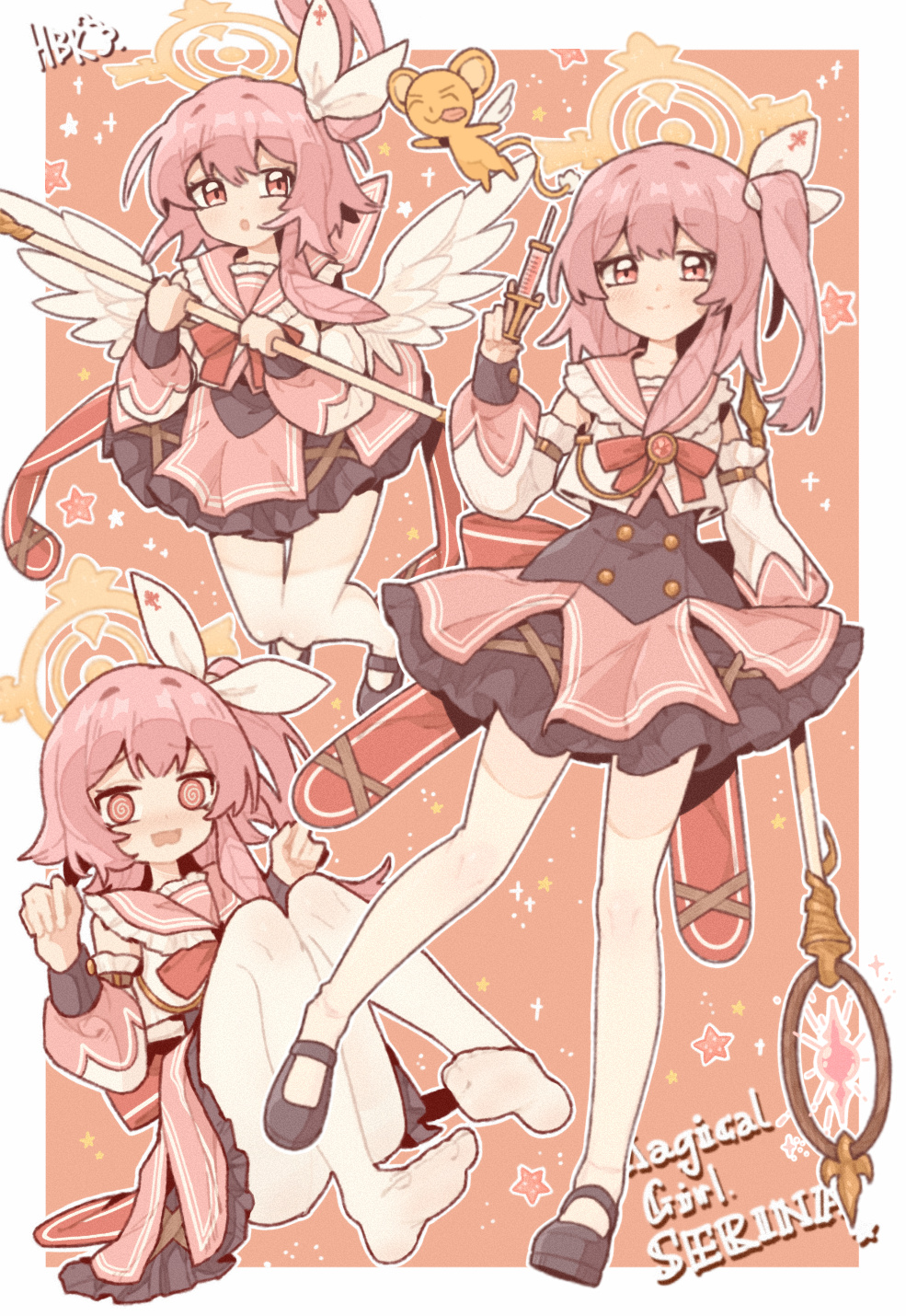 1701hbk, angel_wings, blue_archive, flying, frilled_skirt, frills, hair_ornament, halo, highres, holding, holding_staff, magical_girl, mascot, pink_hair, sailor_collar, school_uniform, serina_(blue_archive), shoes, skirt, staff, syringe, thigh-highs, twintails, white_thighhighs, wings