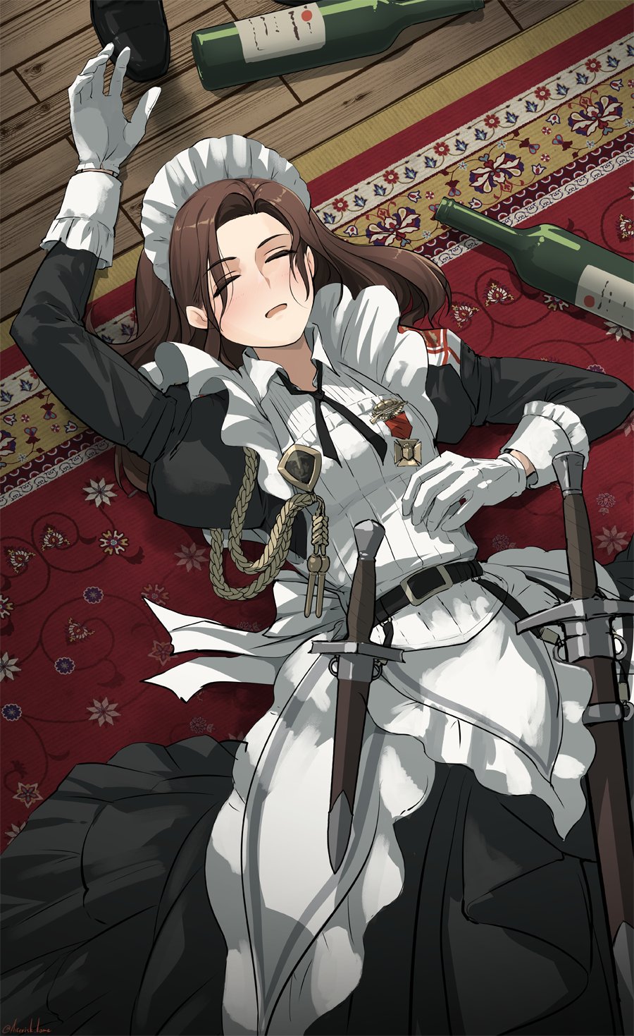 apron, asterisk_kome, black_dress, bottle, brown_hair, carpet, closed_eyes, dress