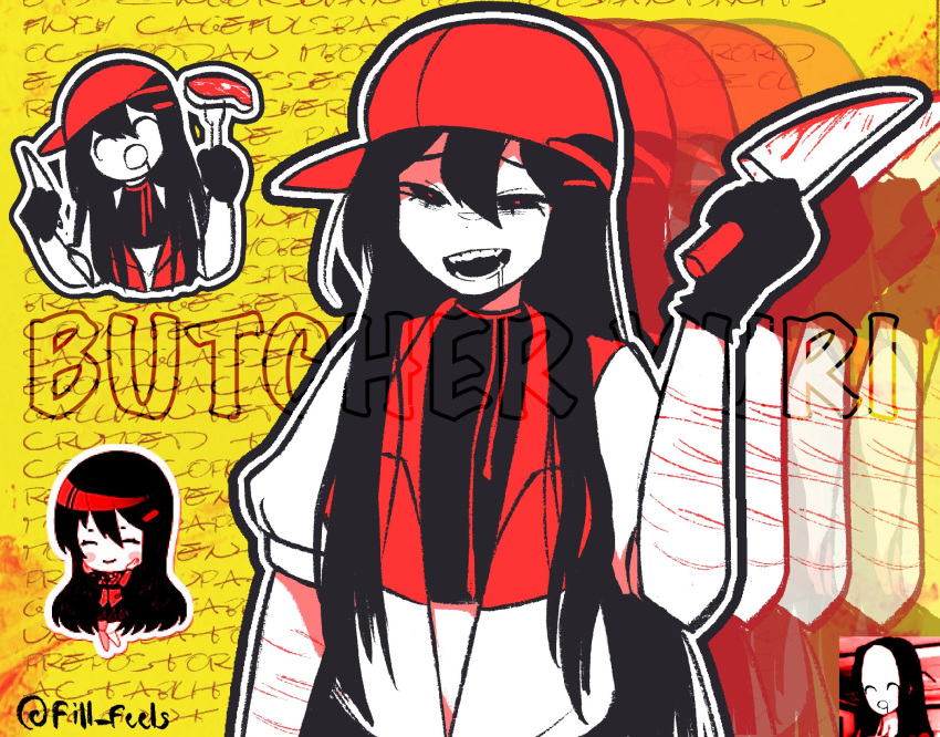 1girl, ^_^, ^q^, backwards_hat, black_eyes, black_gloves, black_hair, blood