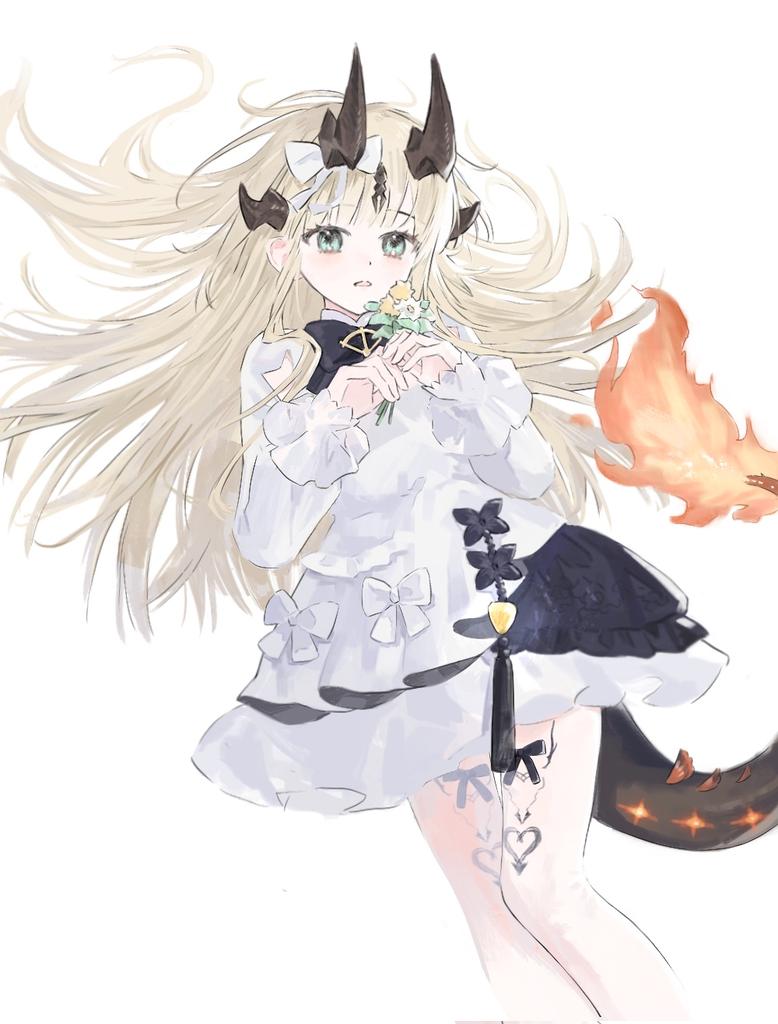 1girl, arknights, black_horns, black_tail, blonde_hair, chinese_commentary, commentary_request, corrupted_twitter_file