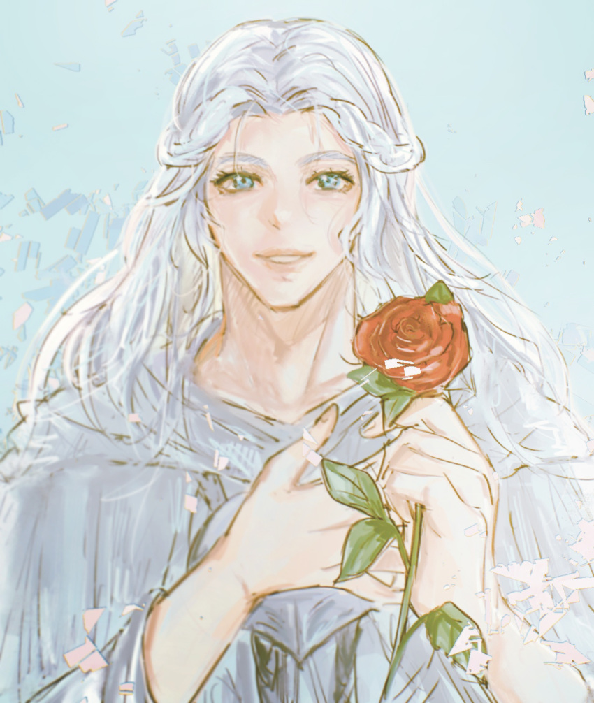 1girl, blue_background, blue_eyes, final_fantasy, final_fantasy_xiv, flower, half_up_braid, hands_up