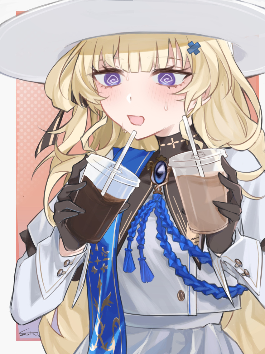 1girl, @_@, absurdres, black_bow, black_collar, black_gloves, blonde_hair, blue_gemstone, blue_sash, border, bow, collar, commentary_request, cup, disposable_cup, drinking_straw, gem, gloves, hair_bow, hair_ornament, hat, high-waist_skirt, highres, holding, holding_cup, kazuna_ys, long_hair, long_sleeves, open_mouth, phoebe_(wuthering_waves), pink_background, sash, shirt, skirt, solo, striped_bow, sweatdrop, upper_body, very_long_hair, violet_eyes, white_border, white_hat, white_shirt, white_skirt, wuthering_waves, x_hair_ornament