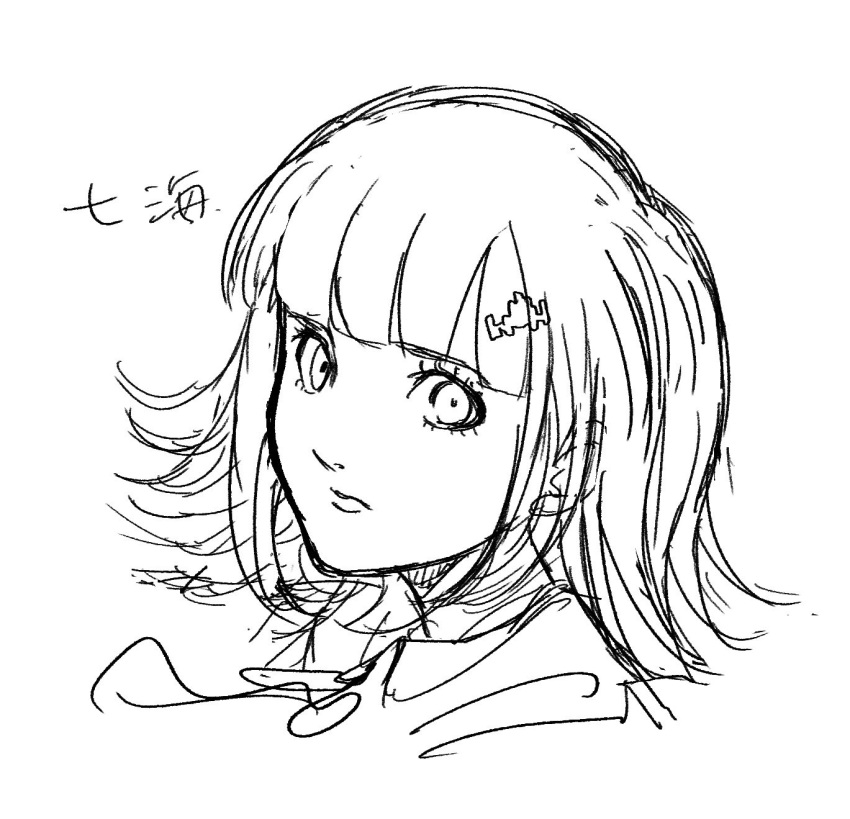 1girl, blunt_bangs, closed_mouth, danganronpa_(series), danganronpa_2:_goodbye_despair, flipped_hair, greyscale, highres