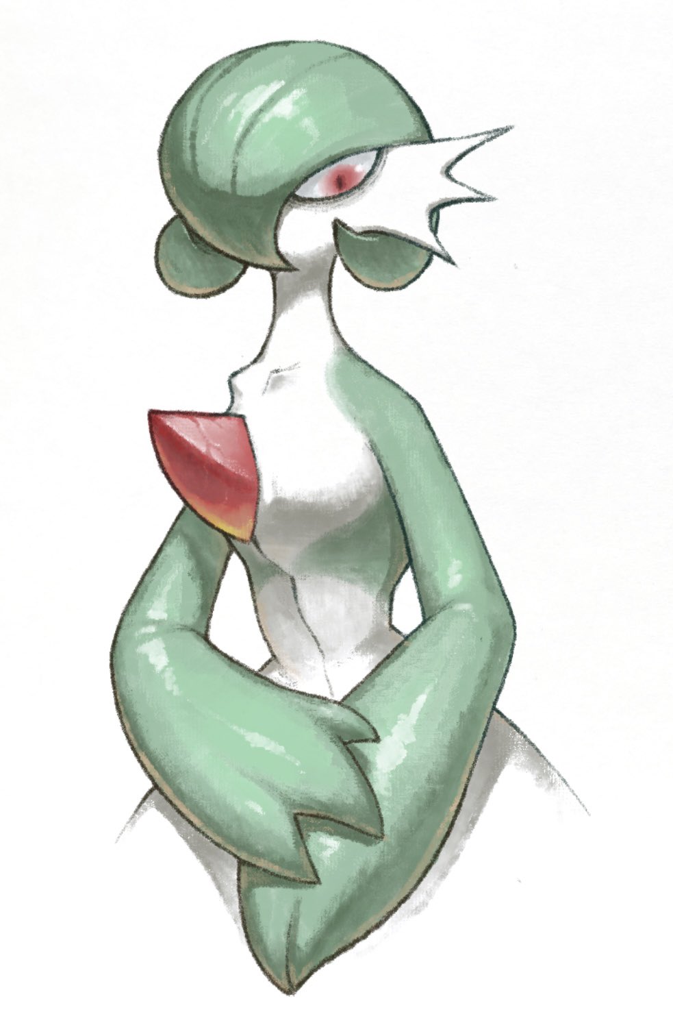 1other, collarbone, colored_skin, cropped_torso, gardevoir, green_hair, green_skin, hair_over_one_eye