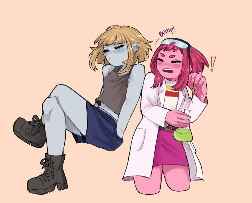 !, 2girls, adventure_time, bare_shoulders, blue_shorts, blush, boku_no_hero_academia, brown_shirt, brown_shoes, goggles, goggles_on_head, highres, holding, lab_coat, lia_(miauiz), long_sleeves, marceline_abadeer, medium_hair, multiple_girls, navel, pink_hair, pink_skirt, princess_bonnibel_bubblegum, shirt, shoes, shorts, simple_background, skirt, toga_himiko, uraraka_ochaco, white_shirt