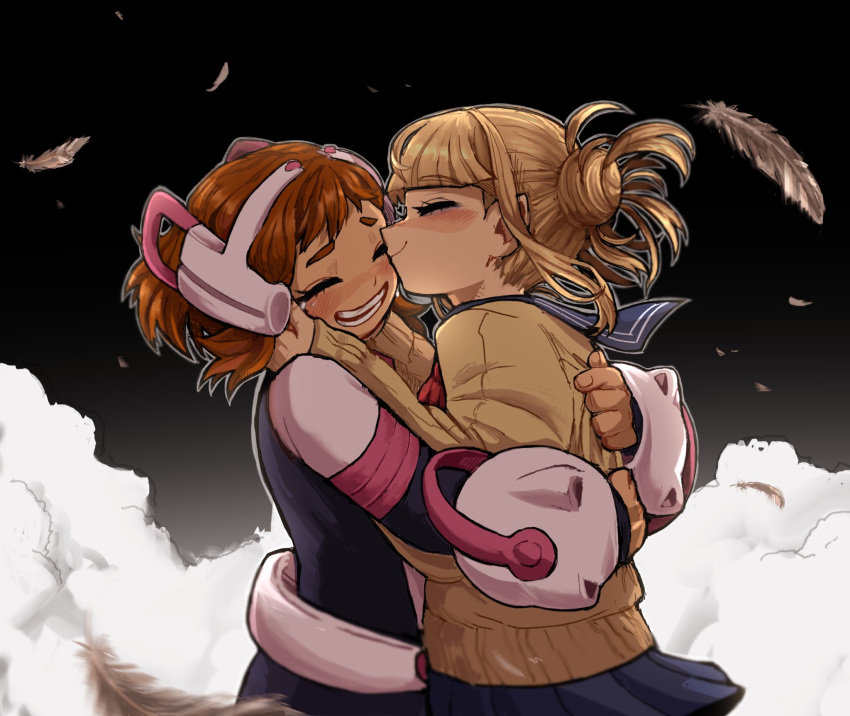 2girls, :d, black_background, black_skirt, blush, boku_no_hero_academia, brown_hair, brown_sweater