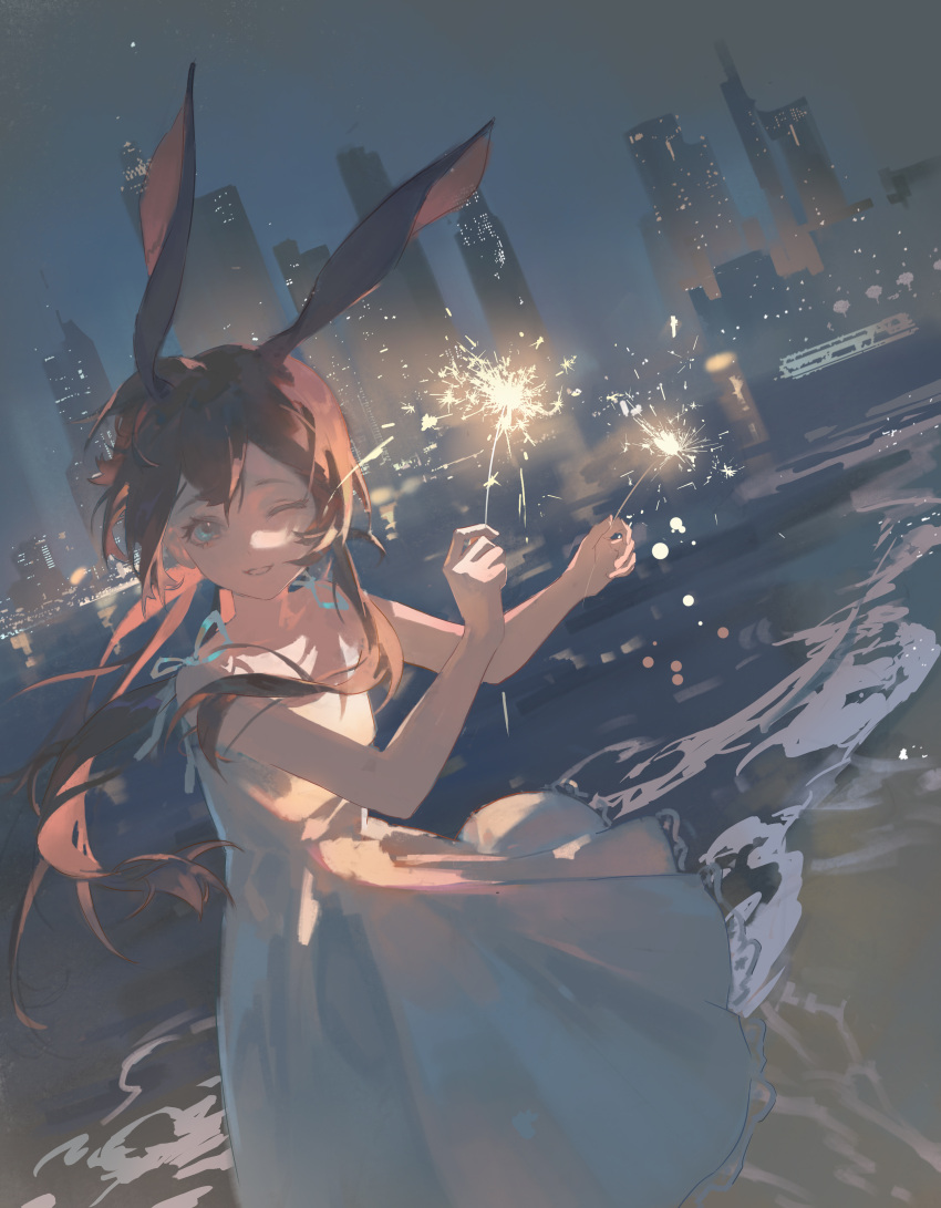 1girl, ;d, absurdres, amiya_(arknights), animal_ears, aqua_eyes, arknights, bare_arms