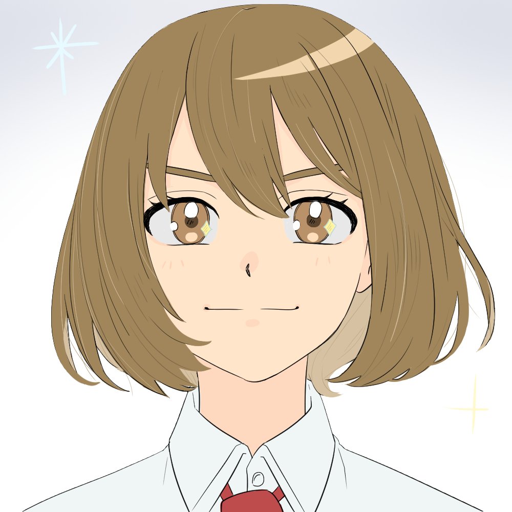 1girl, bob_cut, brown_eyes, brown_hair, collared_shirt, determined, futsuu_no_keion-bu, gradient_background