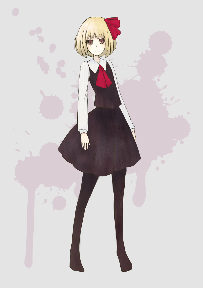 aoyagi_neko, bad_id, black_legwear, blonde_hair, blush, bob_cut, brown_eyes, hair_ribbon