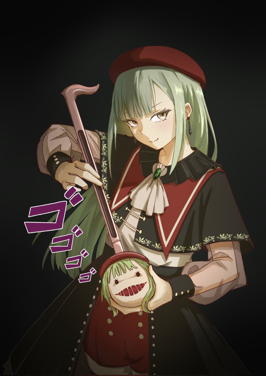 1girl, ascot, bang_dream!, bang_dream!_it's_mygo!!!!!, beret, black_capelet, black_skirt, capelet, closed_mouth, commentary_request, dazhong_(dazhong02312), earrings, green_hair, hat, highres, jewelry, long_hair, long_sleeves, menacing_(jojo), mortis_(bang_dream!), otamatone, red_hat, red_shorts, see-through_clothes, see-through_sleeves, shirt, shorts, showgirl_skirt, sidelocks, skirt, solo, wakaba_mutsumi, white_ascot, white_shirt, yellow_eyes