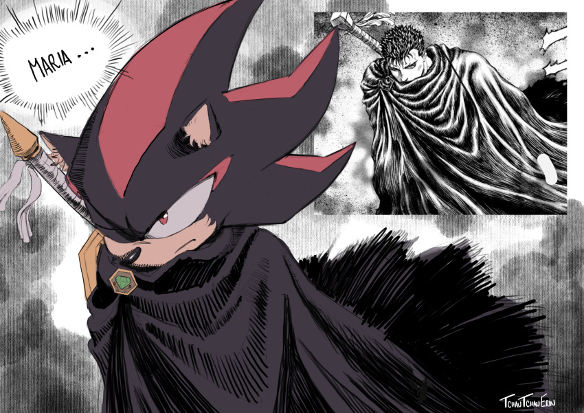 1boy, absurdres, berserk, black_cloak, black_fur, cloak, cosplay, cowboy_shot