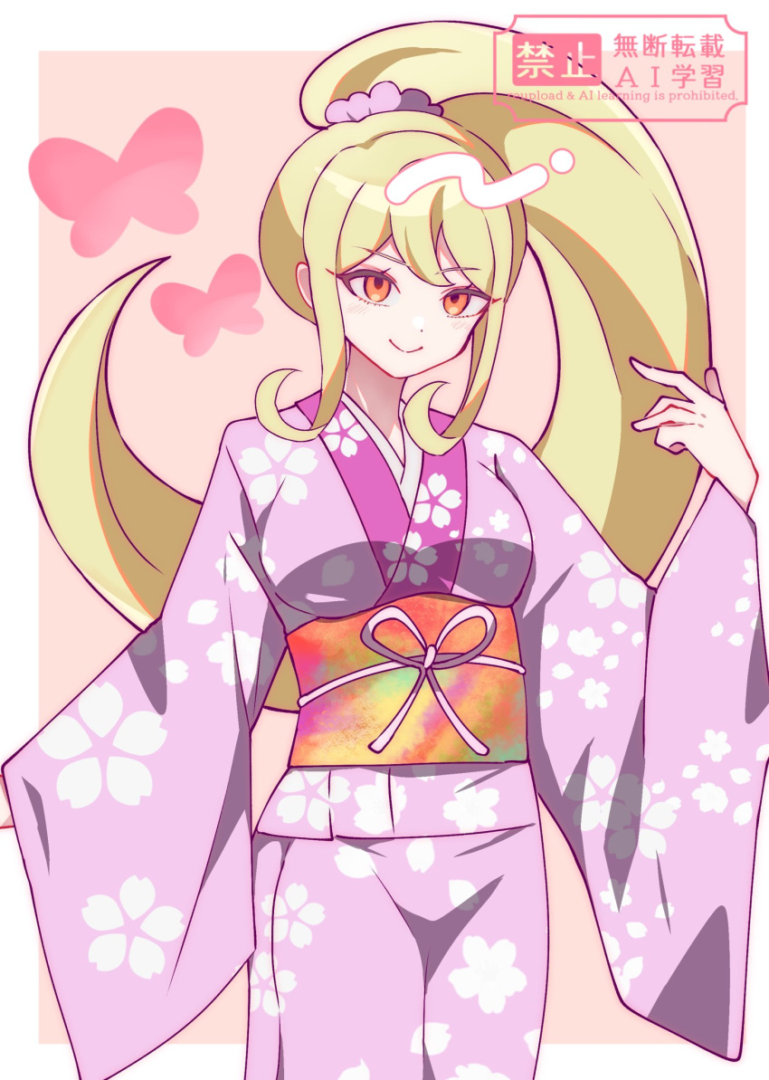 1girl, blonde_hair, border, danganronpa_(series), danganronpa_2:_goodbye_despair, high_ponytail, highres, japanese_clothes