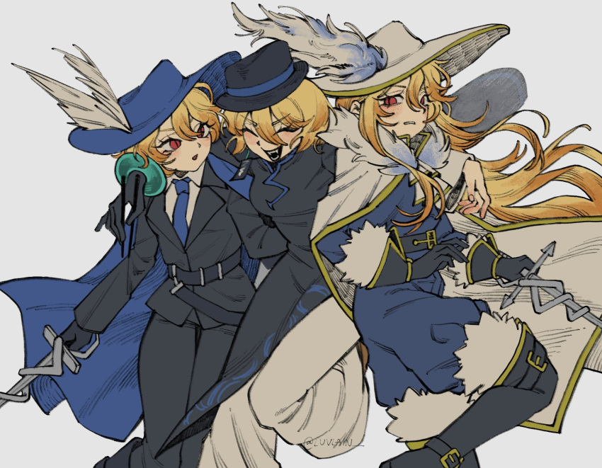 3girls, :d, ascot, black_dress, black_gloves, black_jacket, black_pants, blonde_hair